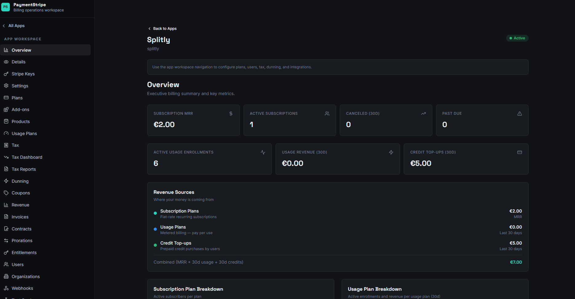 PayAPI — billing dashboard with revenue and subscription metrics